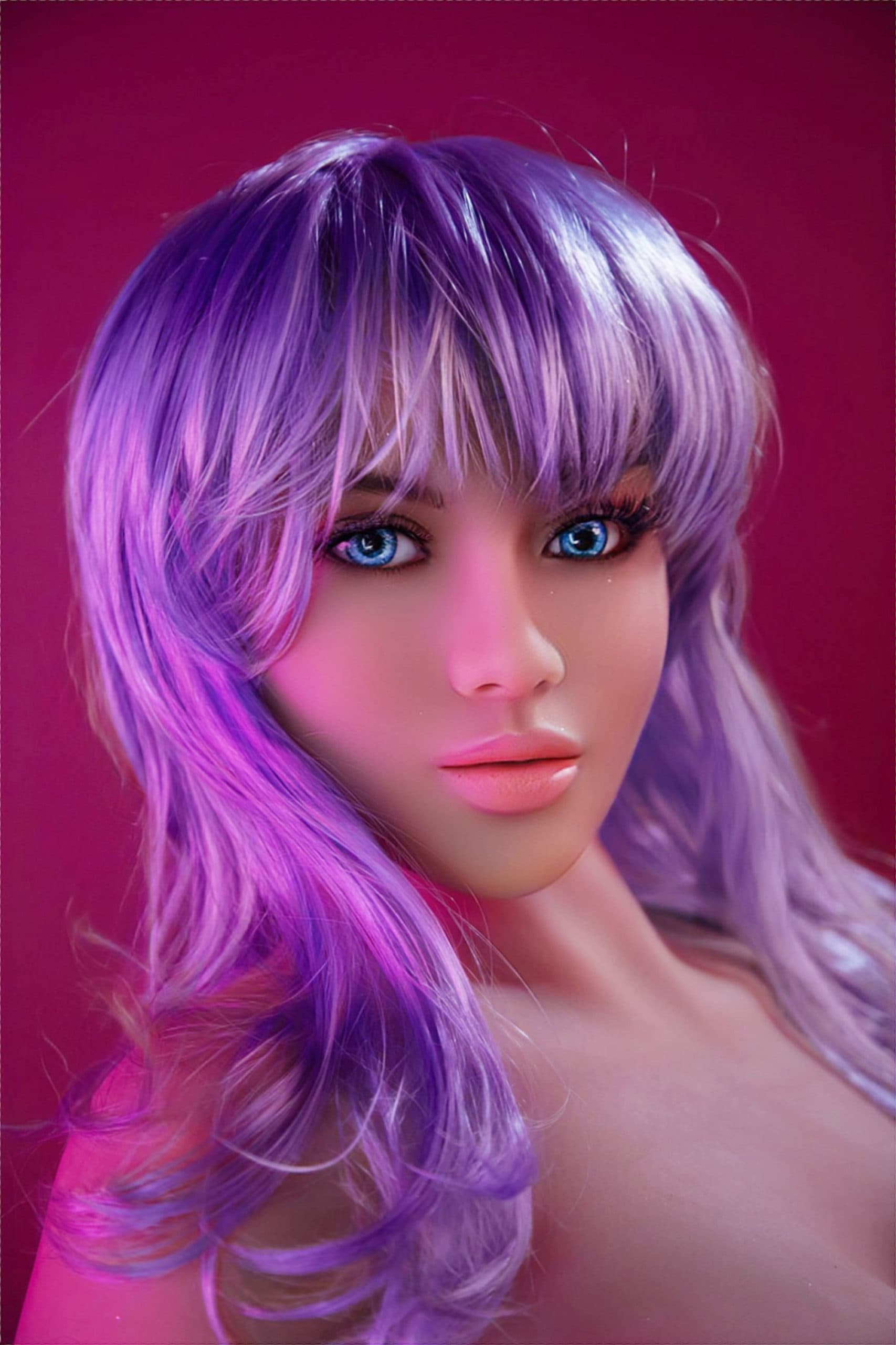 Close-up of TPE sex doll Techno Babe with soft purple hair, blue eyes, and glossy lips in pink neon lighting